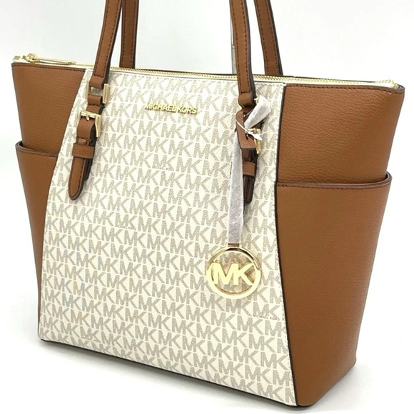 Michael Kors Charlotte Large Top Zip Tote Bag Vanilla/Brown (NWT) - Picture 1 of 9